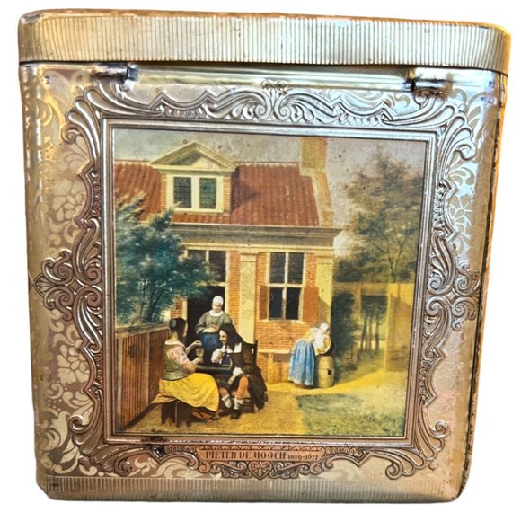 Vtg Embossed Holland Tin Box Old Master Art Hinged Gold Silver READ 4.75" Square - Picture 4 of 16